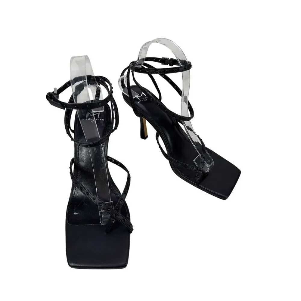 Marc Fisher LTD Dallin Sandals Heeled Womens 9 Black Strappy Studded Sq Toe